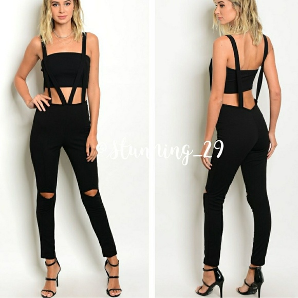 🆕 5☆ BLACK 2 PIECE HIGH WAIST KNEE DESIGNJUMPSUIT - Picture 2 of 5